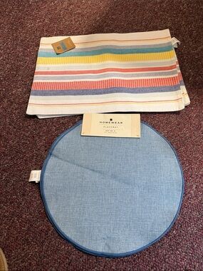Blue Round Placemat with Multi-Color Striped Kitchen Towel